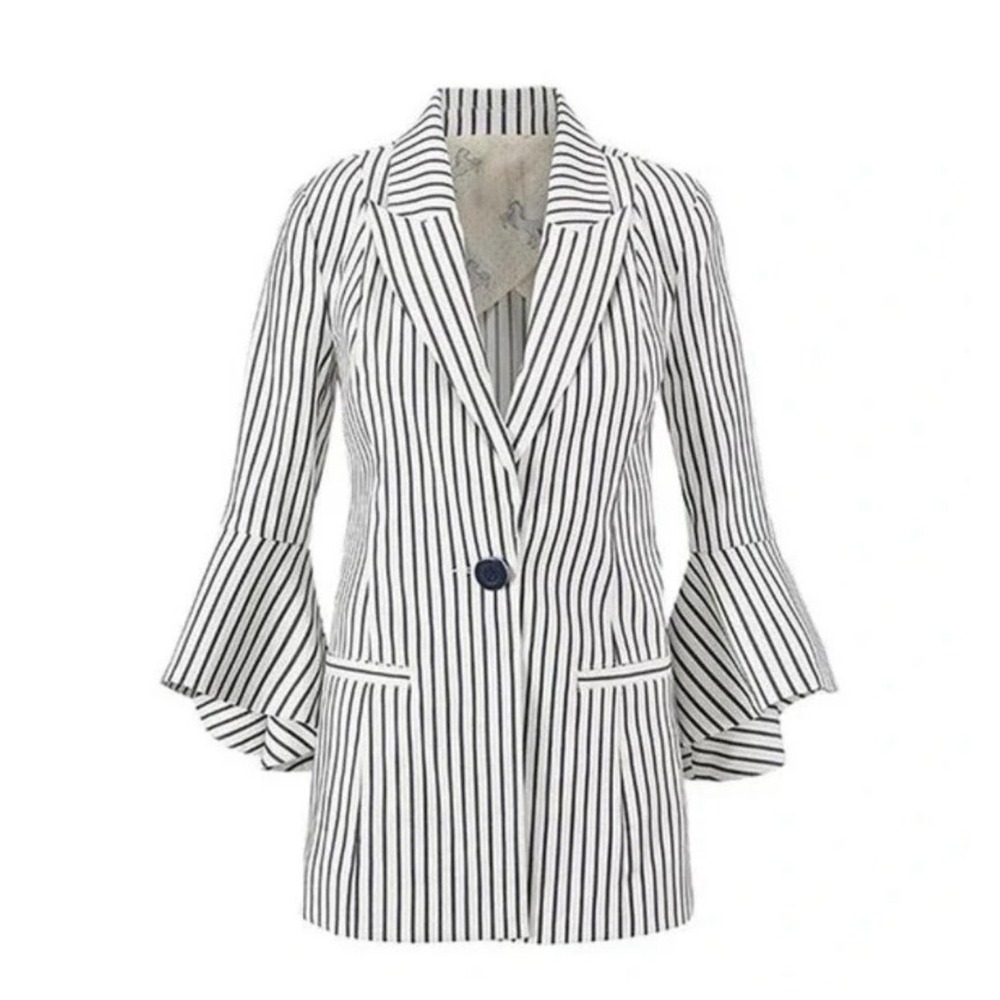 Cabi 5295 Regatta Blazer Navy White Striped Bell Sleeve Jacket Size 8